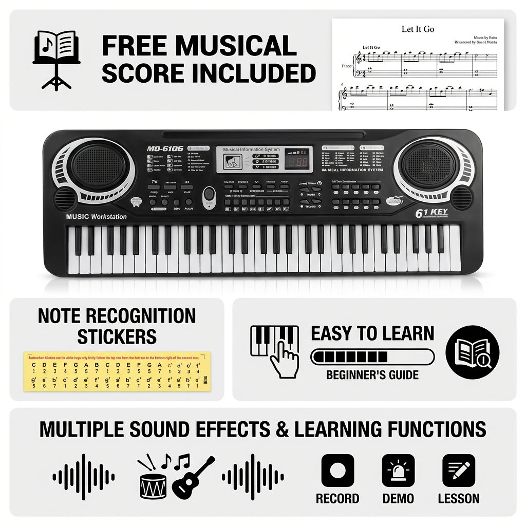 61-Key Electronic Piano Keyboard for Beginners - Built-In Microphone, Music Stand & USB Power, Complete Starter Kit for Kids & Adults, Perfect Birthday Gift for Music Lovers