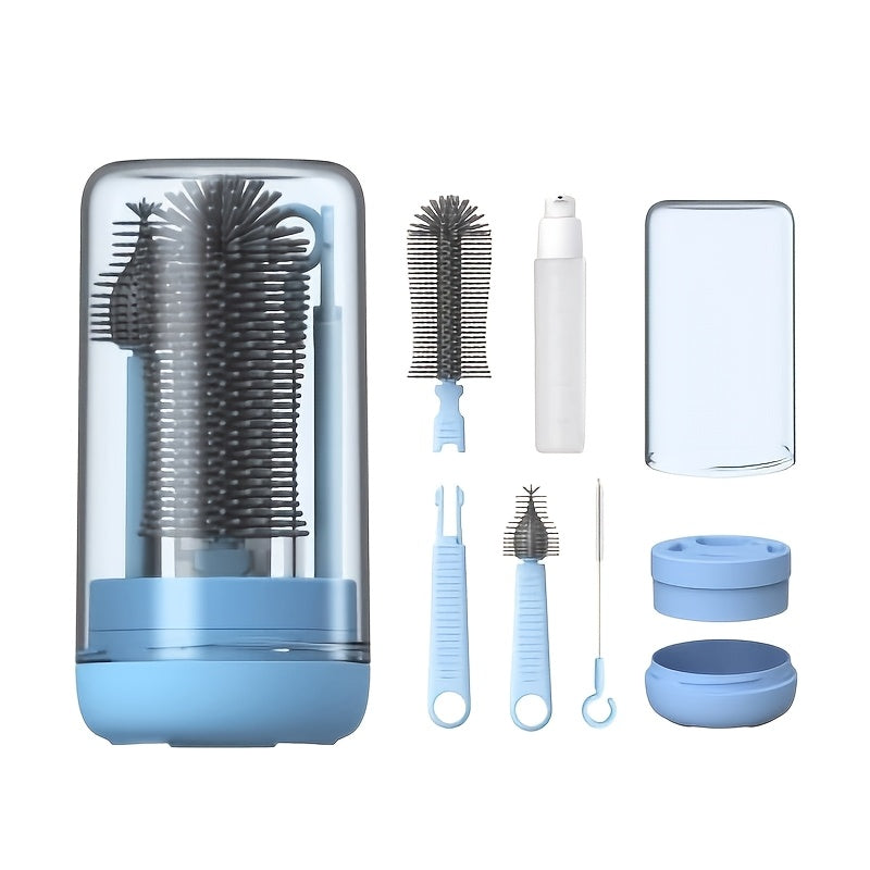 Portable Baby Bottle Brush Set with Nipple Brush Straw Brush Cup Brush – Travel Bottle Cleaning Kit for Feeding Essentials Blue Pink Yellow