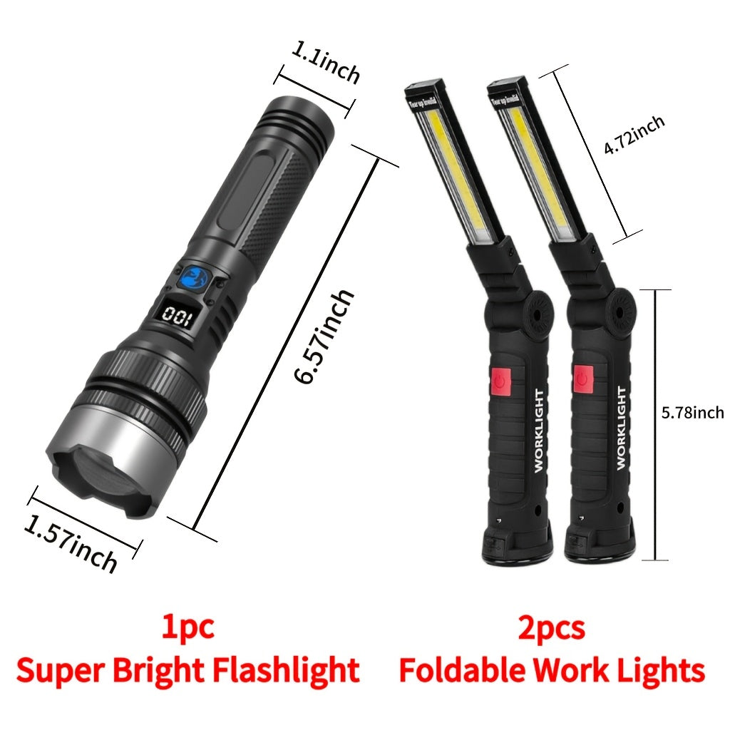 Rechargeable COB LED Work Light with Magnetic Base – 1000 Lumen Portable Camping Flashlight, 5 Modes, USB-C, Hanging Lamp for Garage, Yard, Emergency, and Outdoor Use, 2/3/4 Pack
