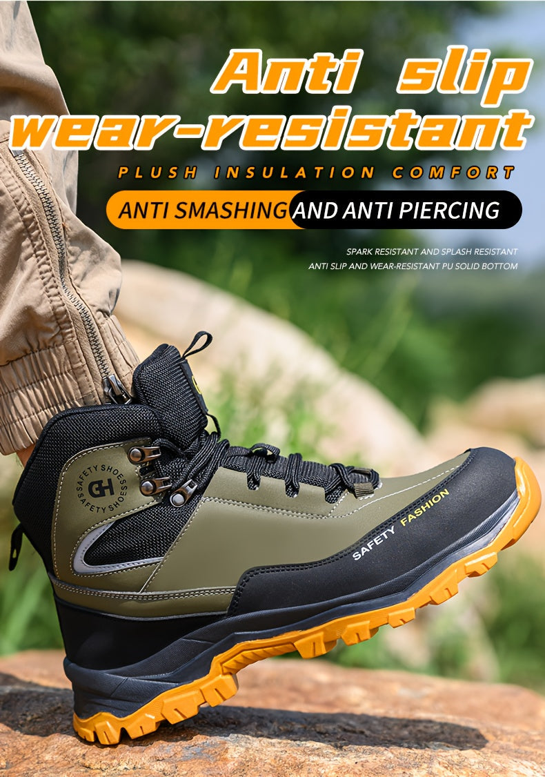 Men's Steel Toe Work Boots, Heavy Duty, All-Terrain Rubber Sole, Cushioned Insole, Arch Support, Four-Season Construction, Industrial, Farm, and Outdoor Boots, Black/Army Green, US Sizes 6-11