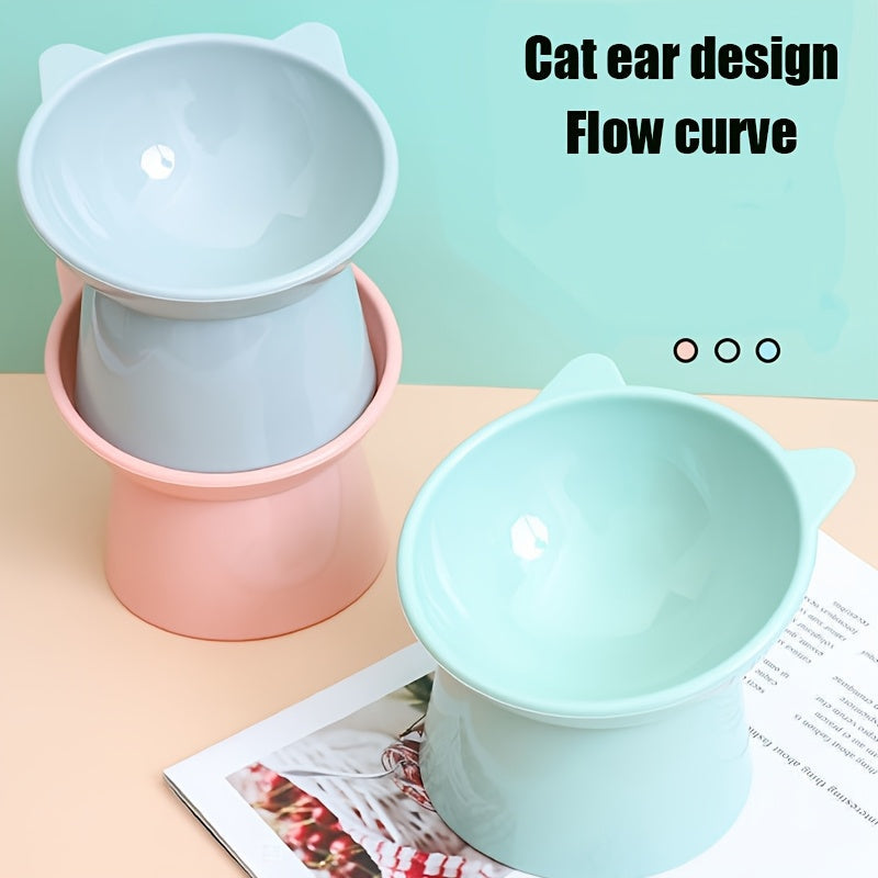 Raised Cat Bowls Set of 3, Cat-Ear Shaped Elevated Feeder, Anti-Slip Base, Neck Comfort Design, Tri-Color Pet Feeding Dish (Pink, Green, Blue) for Multi-Cat Households
