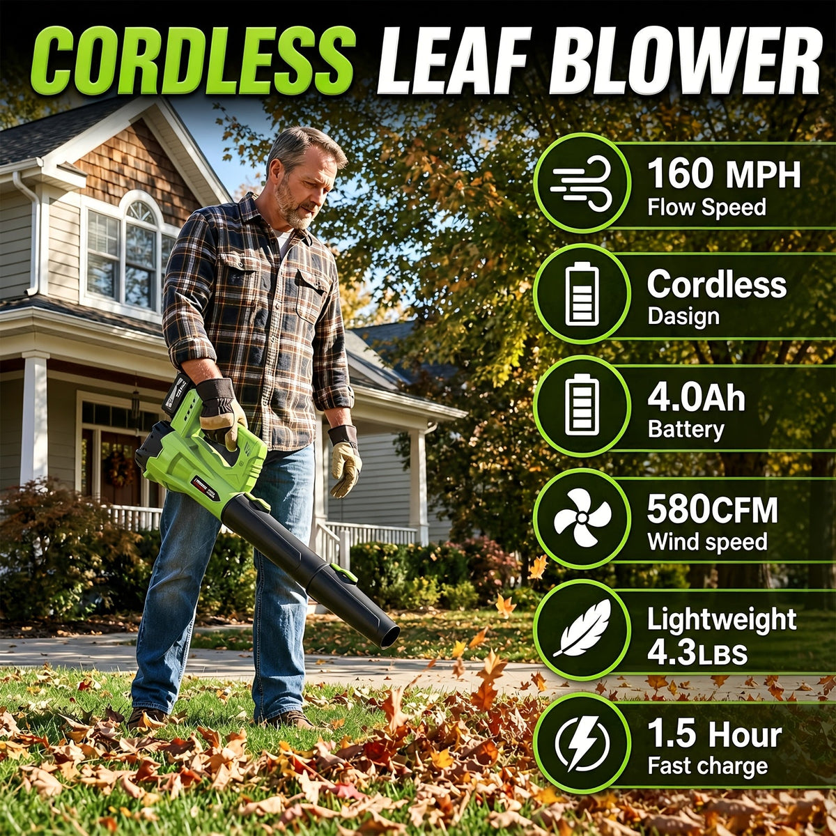High Power Cordless Leaf Blower - 580CFM/160MPH, Extension Nozzle, Ergonomic Non-Slip Handle, Lightweight - Lawn, Yard, Pet Hair & Winter Storm - 2Ah & 4Ah Battery Options - Christmas & New Year Gift