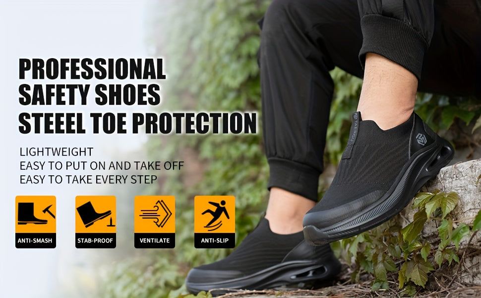 Men's Steel Toe Work Shoes Slip-On Lightweight Safety Sneakers Puncture-Resistant Non-Slip Loafers Black Grey Blue Sizes US 5.5-14