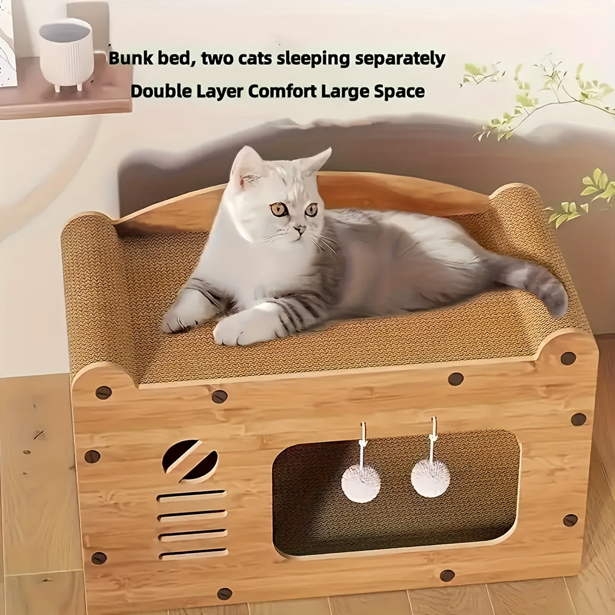 瓦楞纸猫抓屋——耐用猫窝与躲藏屋，附赠羽毛逗猫棒，通风式室内猫抓板，可选 17.7 英寸与 22 英寸两种尺寸