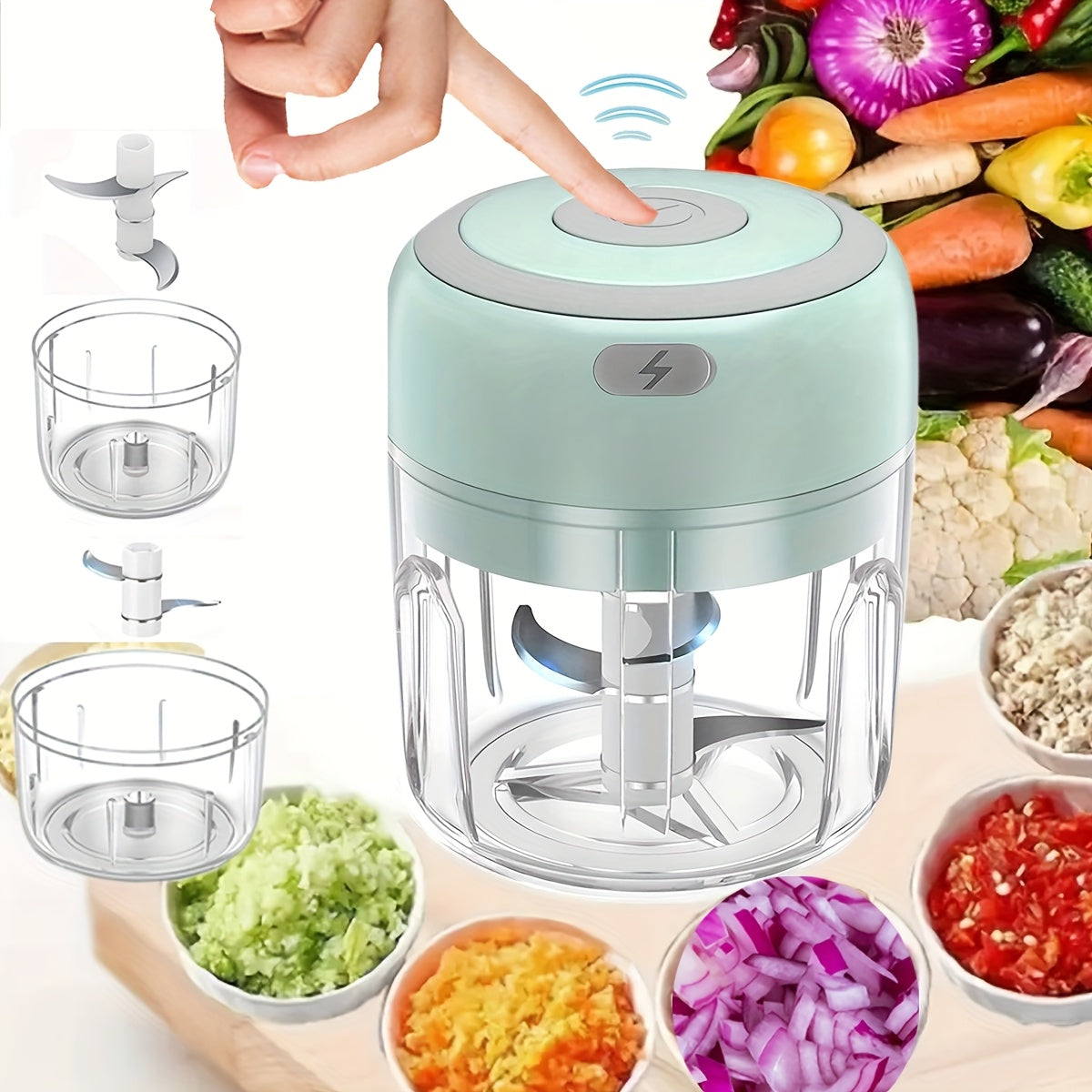 FLZH Mini Food Processor 8.45oz - Electric Food Chopper & Meat Grinder with 3 Stainless Blades - For Meat, Vegetables & Fruits - White, Green & Pink