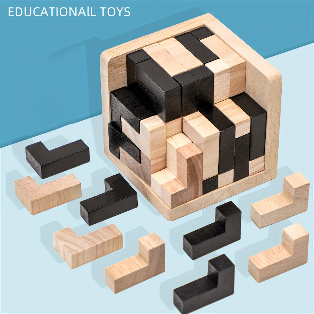 YIDIEMO 54-Piece Wooden Brain Teaser Puzzle Cube, L-Shaped Jigsaw Logic Puzzle for Kids, Early Intelligence Development Educational Toy, Fun Birthday & Holiday Gift