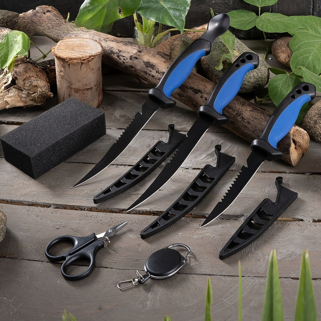 3-Piece Fishing Knife Set with Stainless Steel Blades, Fish Fillet, Boning, and Gutting Knives with Cut-Resistant Gloves, Fishing Line Cutter & Cord – Unique Fishing Gift for Anglers & Campers