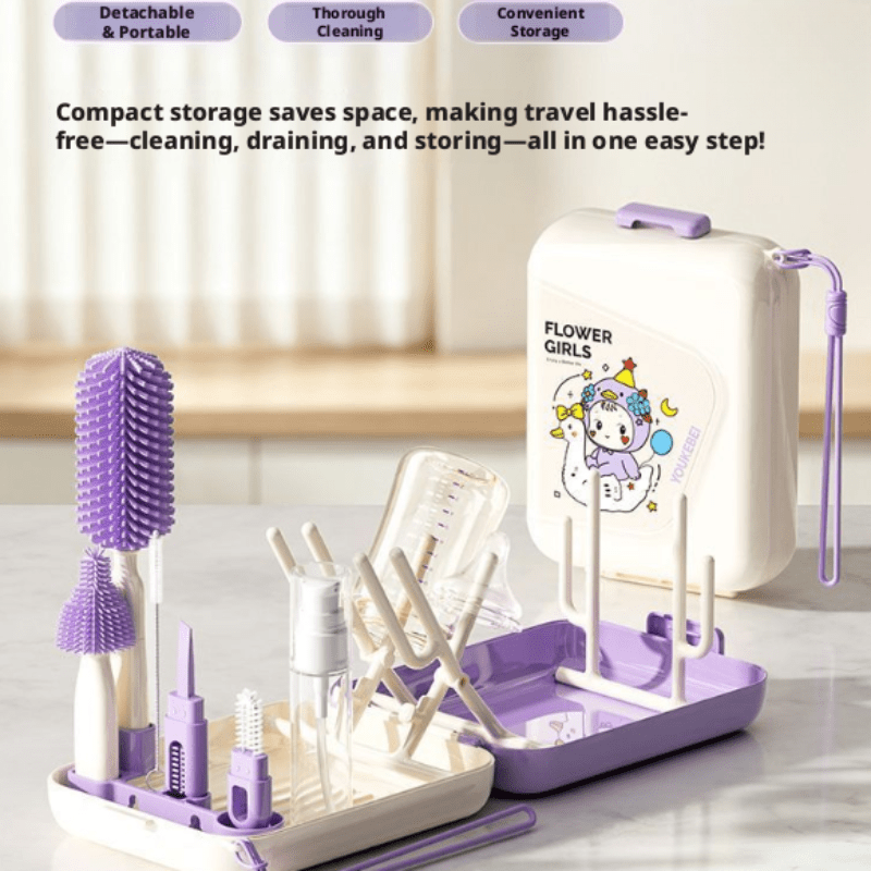 11-in-1 Multifunctional Baby Bottle Brush Cleaning Kit, Portable Travel Set with Nipple Brush, Foldable Stand & Draining Rack for Bottles, 5 Colors