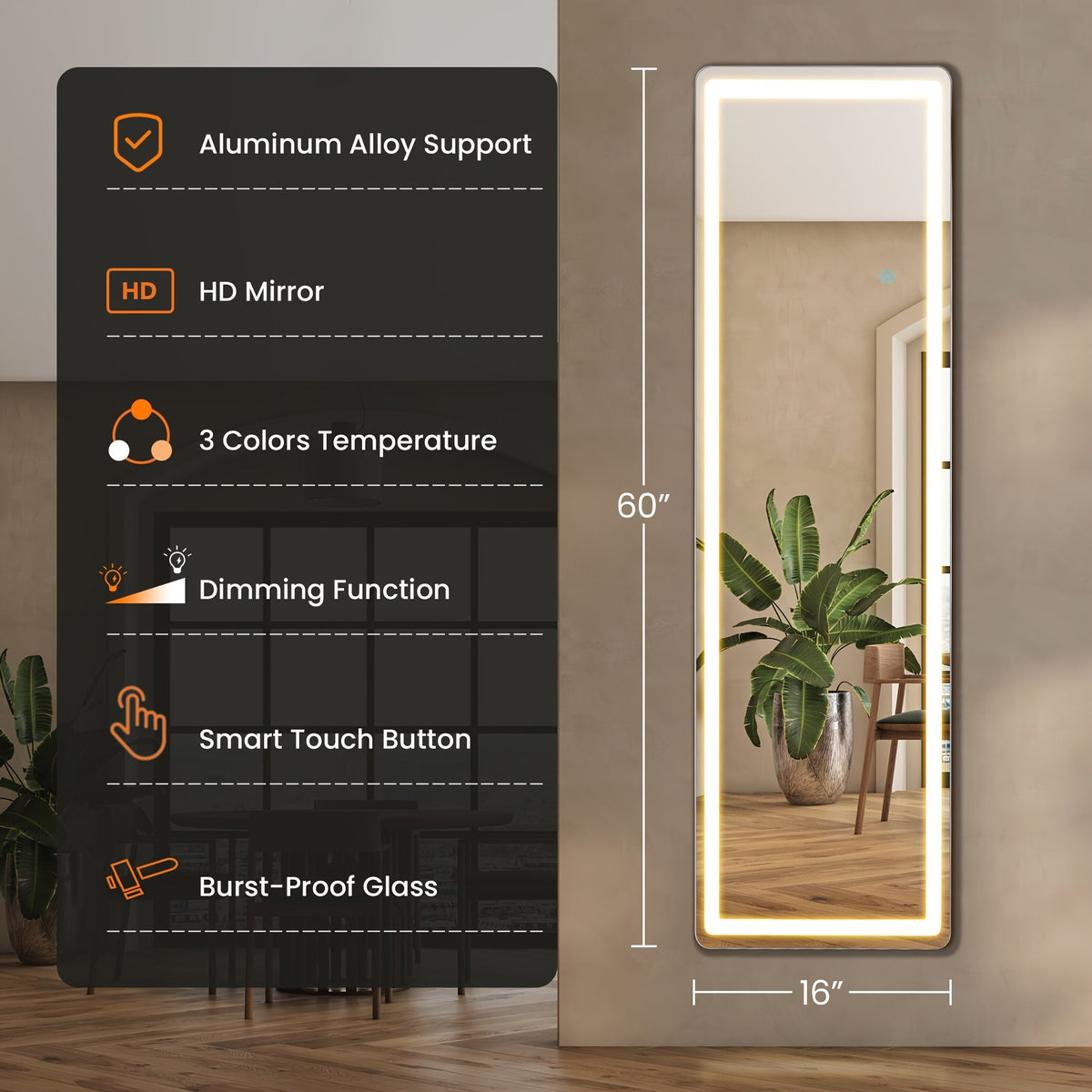 LED Lighted Full Length Mirror – Touch Control Free Standing Wall Mounted Leaning Full Body Mirror with Lights for Bedroom Dressing Room