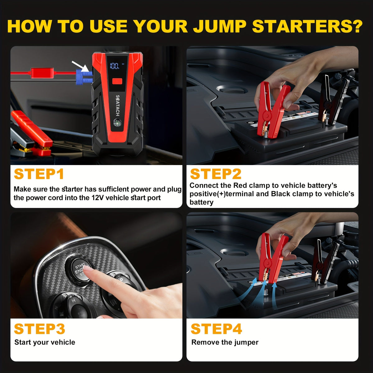 Car Jump Starter with Air Pump & Digital Tire Pressure Gauge – 12V Portable Emergency Starter for Cars, Trucks, SUVs, RVs & Motorcycles, LED Display, SOS Light & Window Breaker