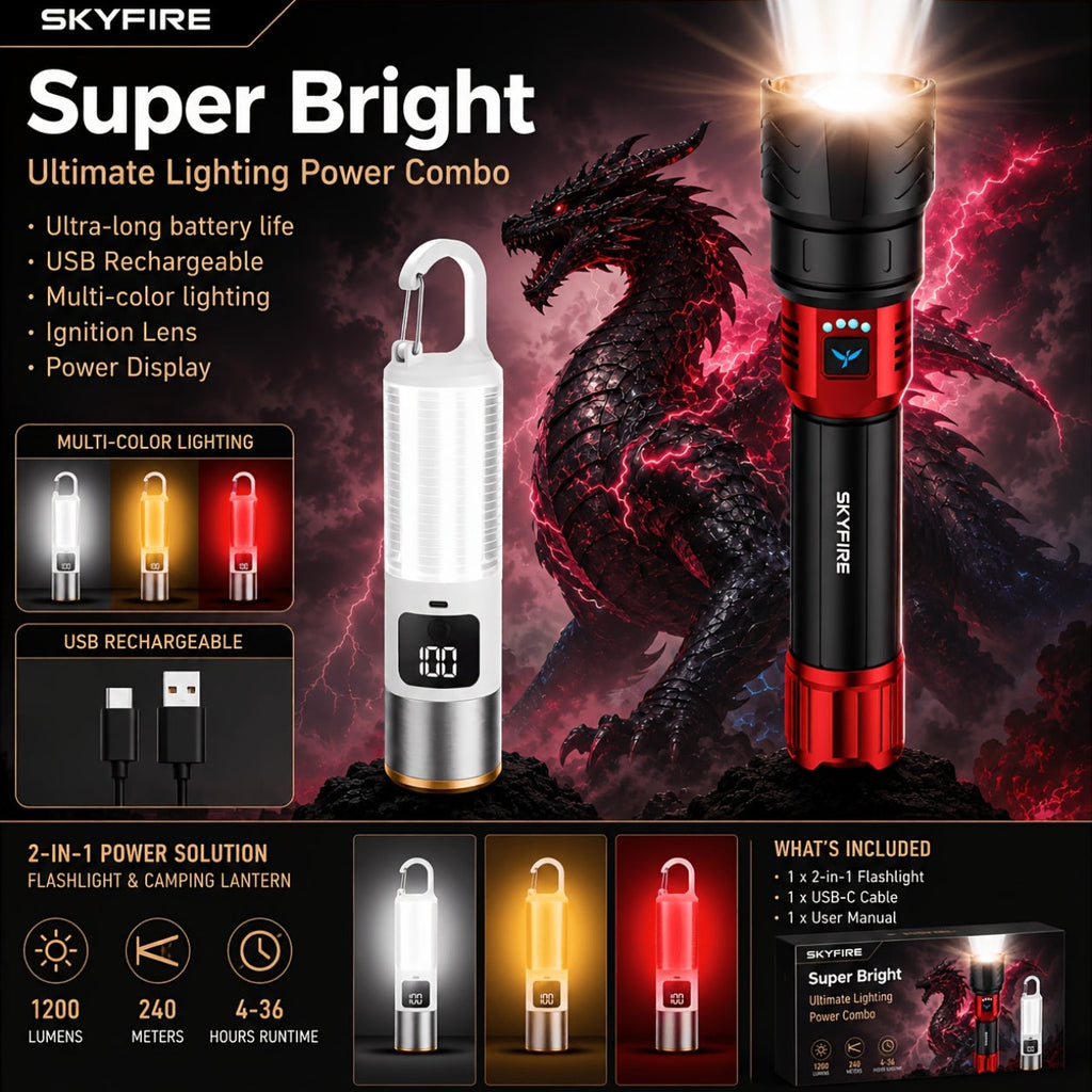 SKYFIRE 5000 Lumen Rechargeable LED Flashlight with Ignition Lens, Adjustable Focus & 4 Modes – Super Bright High-Lumen Tactical Flashlight for Camping, Outdoor, Farm & Emergency Family Use