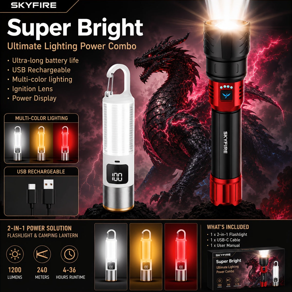 SKYFIRE 5000 Lumen Rechargeable LED Flashlight with Ignition Lens, Adjustable Focus & 4 Modes – Super Bright High-Lumen Tactical Flashlight for Camping, Outdoor, Farm & Emergency Family Use