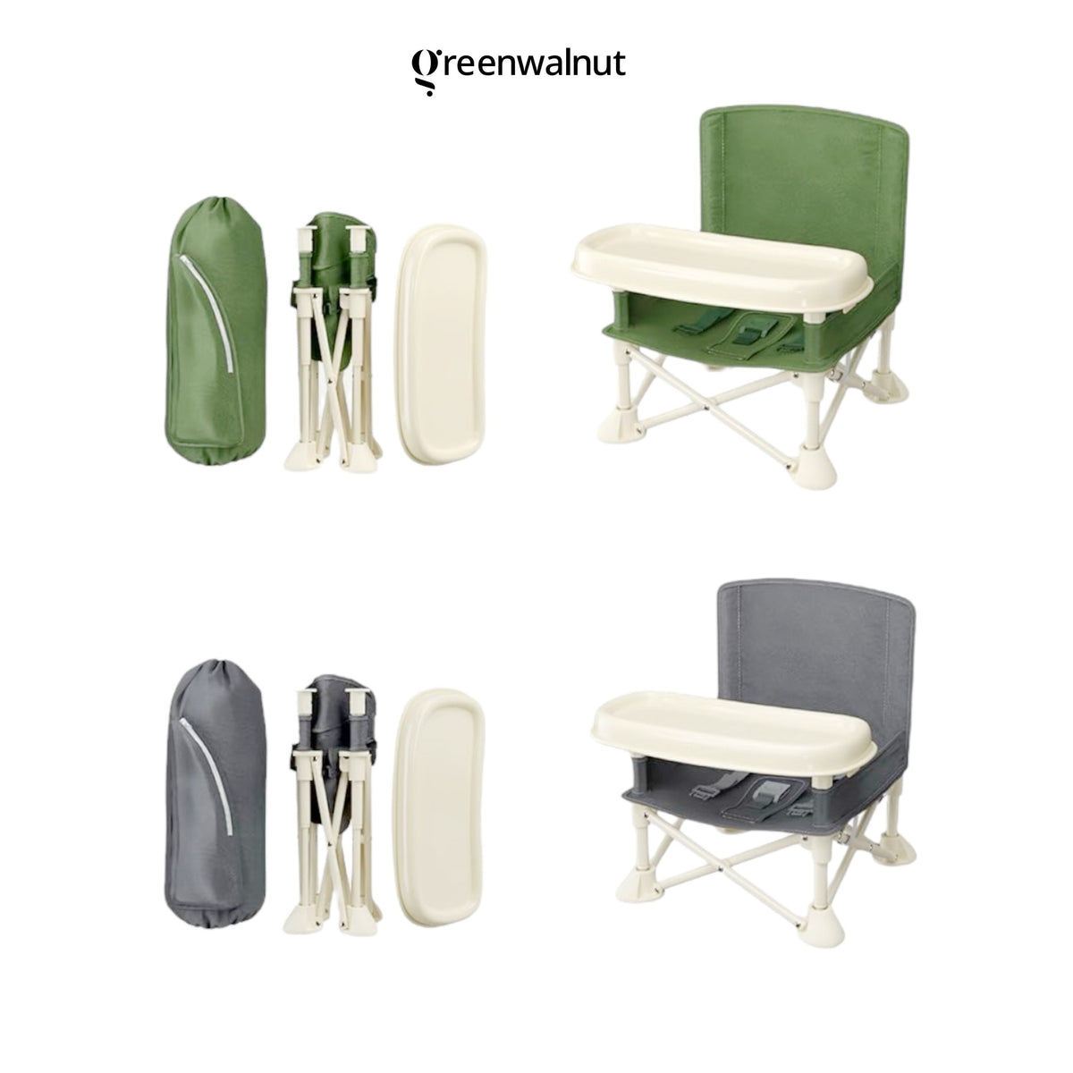 Greenwalnut Portable Foldable Kids Camp Chair & Booster Seat with Removable Tray, Safety Harness, Carry Bag, Lightweight for Camping Picnics & Outdoor Use, Beige & Grey