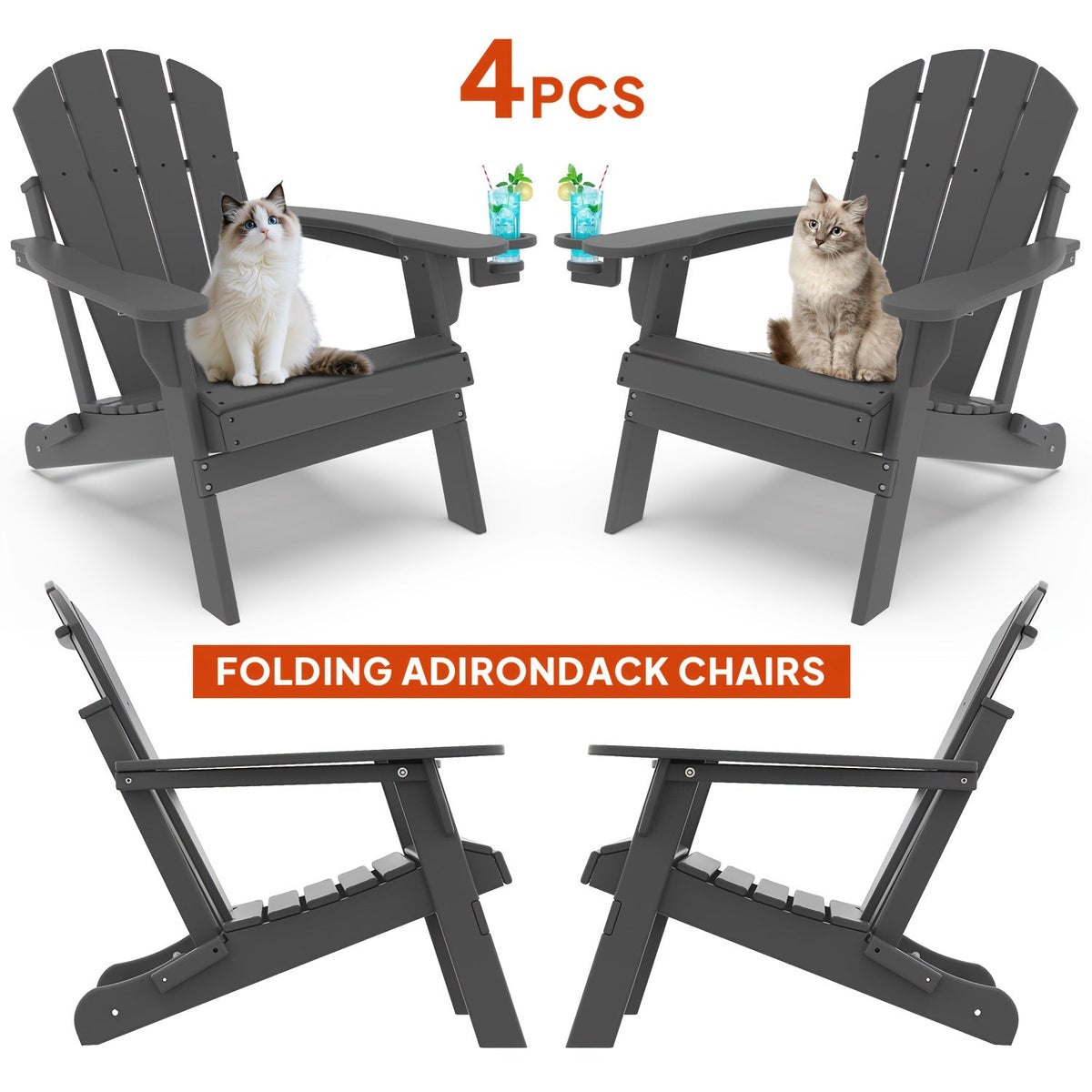 Folding Adirondack Chair with Cup Holder Portable Recliner Stainless Steel Frame Durable Plastic Easy Clean for Patio Poolside Garden Camping Set of 1 2 4 6