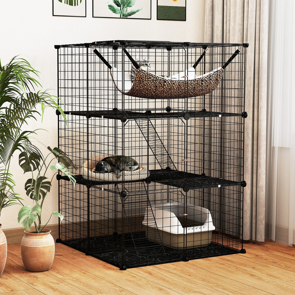 3-Tier Indoor Cat Cage & Enclosure, 29"x29"x43.5", Skylight, Hammock, 2 Climbing Ladders, 3 Lockable Doors, Anti-Tip Kit, Metal Wire & PP, for 1-3 Cats & Small Animals, Black