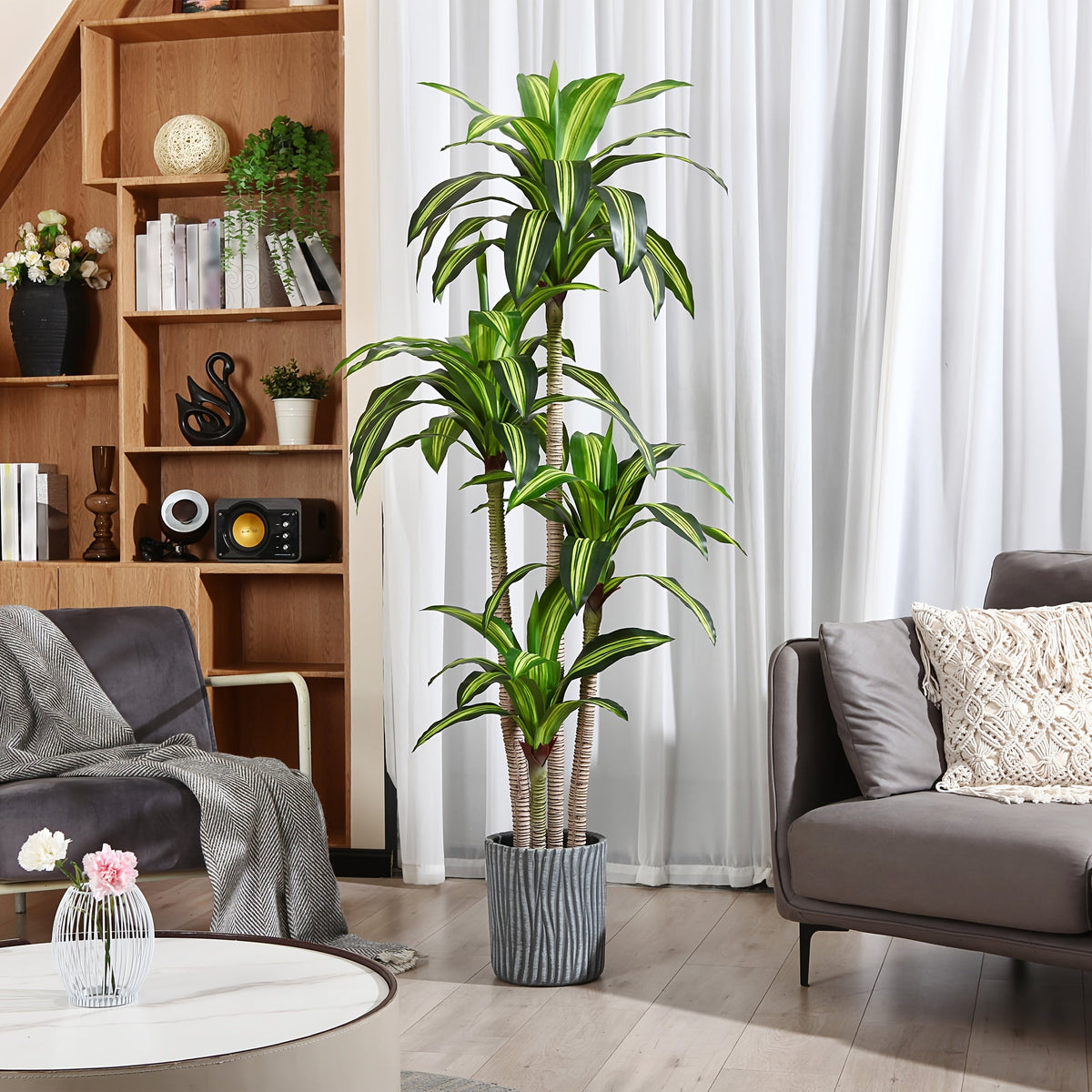 Artificial Dracaena Tree in Pot - 4ft / 5ft / 6ft, Realistic Faux Tropical Floor Plant, Easy Assembly, Pot Included - Indoor & Outdoor Home, Office, Living Room & Porch Decor