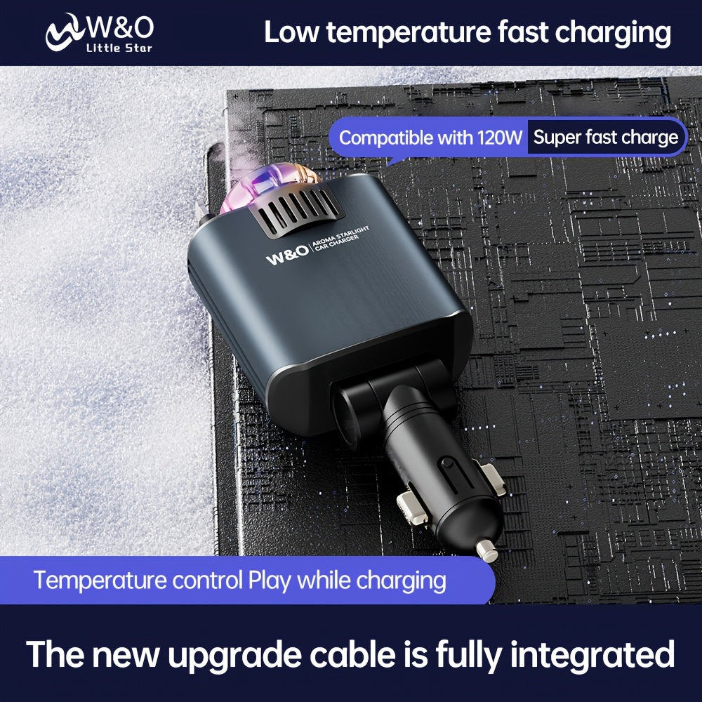 3-in-1 Car Charger, Air Freshener & Starry Sky Projector – Dual 80cm Retractable Type-C & Lightning Cables, Aromatherapy Diffuser for iPhone 16/15 and Samsung S25/S24, Premium Car Interior Upgrade Gift