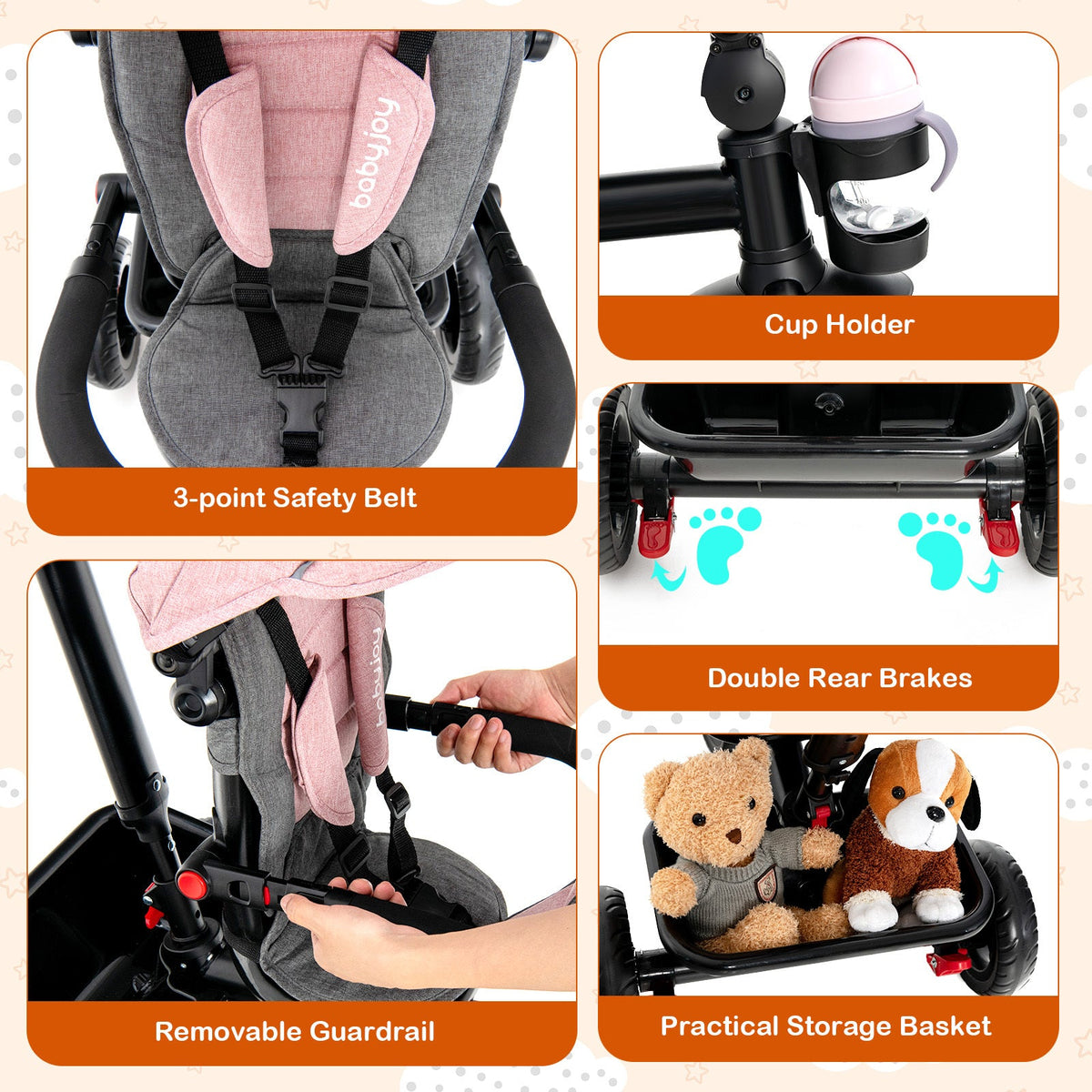 4-in-1 Toddler Tricycle with Adjustable Push Handle & Convertible Seat, Removable Canopy, Safety Harness & Storage Basket - Baby Push Trike for Kids 18 to 60 Months, Pink Ride-On Bike Gift for Girls