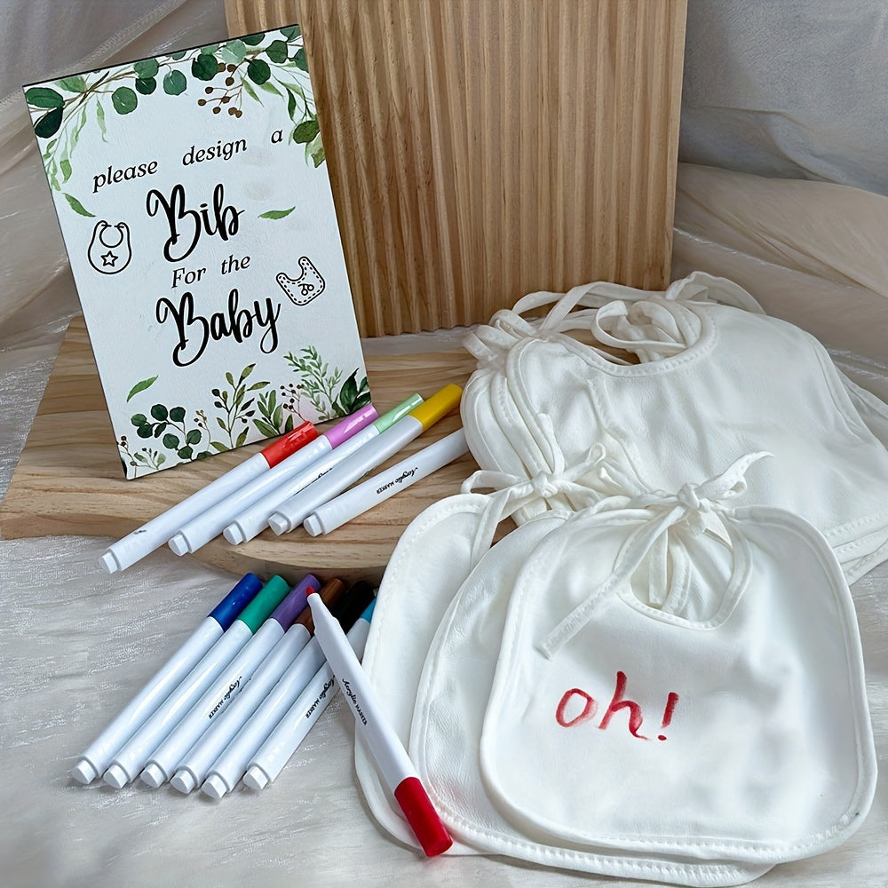 23-Piece Baby Shower Games Kit, Blank Bib Decoration Activity Set with 1 Sign Board 12 Pens & 10 White Bibs, Fun Party Game for Baby Showers Gender Reveal Parties & Celebration Decorations
