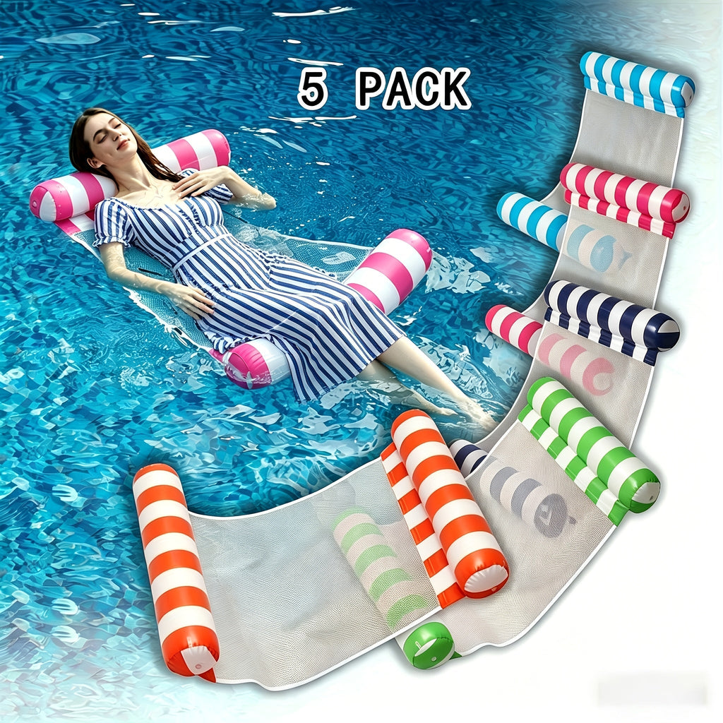 4-in-1 Inflatable Pool Float Lounger for Adults, Hammock Raft, Exercise Saddle, Striped Colorful Swimming Ring, Floating Bed for Pool, Lake, Beach - 5-Pack and 8-Pack Options