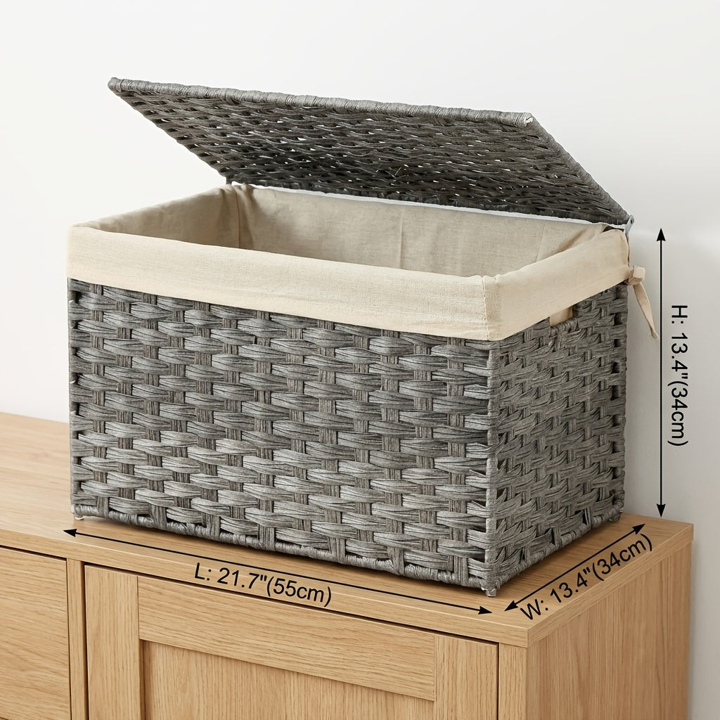 Large Foldable Storage Basket with Lid & Handles Removable Liner Metal Frame for Blankets Laundry Bedroom – 9.25 / 17.2 / 42.3 Gal – Natural Brown & Gray