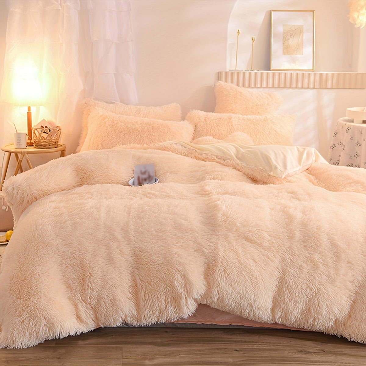 Plush Duvet Cover Set 3 Piece, Long Hair Knitted Polyester, Solid Color Fuzzy Comforter Cover with Zipper Closure, All-Season Soft Cozy Bedding Set for Bedroom, Multiple Colors Available