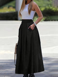 Women's High-Waisted A-Line Maxi Skirt, Solid Color Flowy Elegant Long Skirt, 97% Polyester Stretch Casual All-Season Skirt, XS-XXL