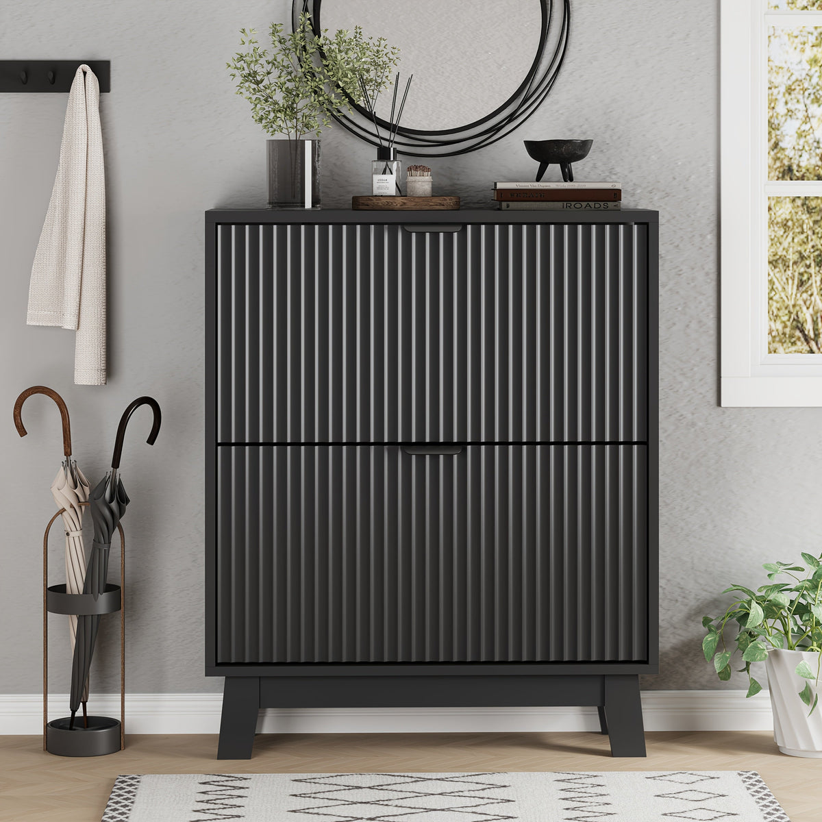 Slim Fluted Shoe Cabinet with 2 Flip Drawers, Adjustable & Removable Shelves, Narrow Entryway Shoe Organizer for Hallway Foyer Living Room Small Spaces, Modern Hidden Shoe Storage