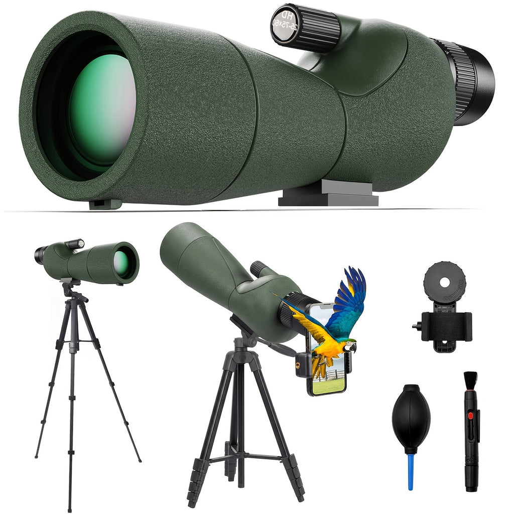 25-75x60 Spotting Scope with Tripod, Carrying Bag & Smartphone Adapter - For Target Shooting, Hunting, Bird Watching & Wildlife Viewing - Green, Black & Pro Models