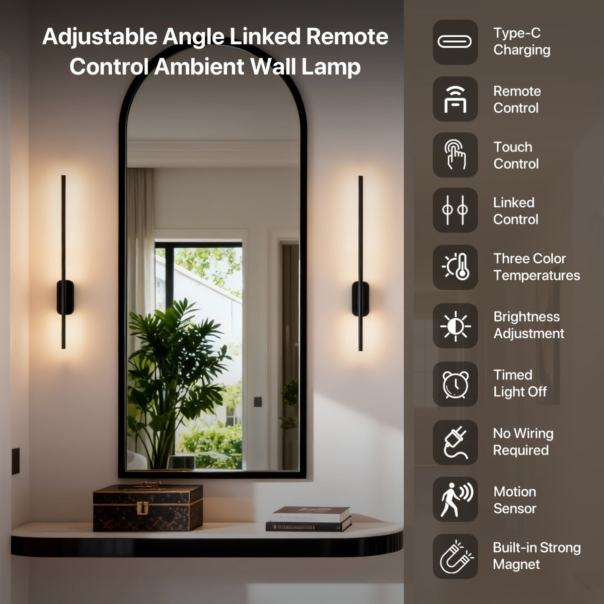 2-Pack Rechargeable Battery Operated Wall Sconces - Dimmable Wireless LED Wall Lights with Remote Control, Black - Bedroom, Living Room, Hallway & Entryway