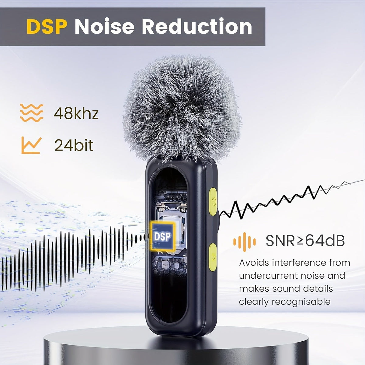 Wireless Lavalier Microphone USB-C 2.4G with DSP Noise Reduction, Digital Battery Display, 360° Omnidirectional Clip-On Lapel Mic, 100ft Range, Furry Windshield, Rotatable Magnetic Clip for iPhone, Android, Camera & Content Creators