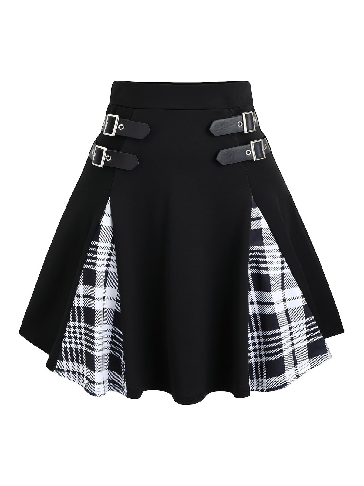 Gothic Plaid Buckle High-Waisted A-Line Mini Skirt Women's Y2K Gingham Color Block Knit Skirt Black Gray Red Blue Purple S M L XL XXL