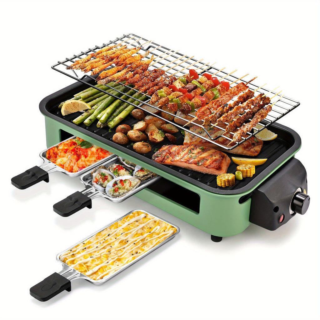 Indoor Smokeless Electric Grill with Raclette Pans - 1500W, 16x9" Non-Stick Detachable Plate, Dishwasher Safe for Grilling, Roasting & Cheese Melting - Beige, Black & Green