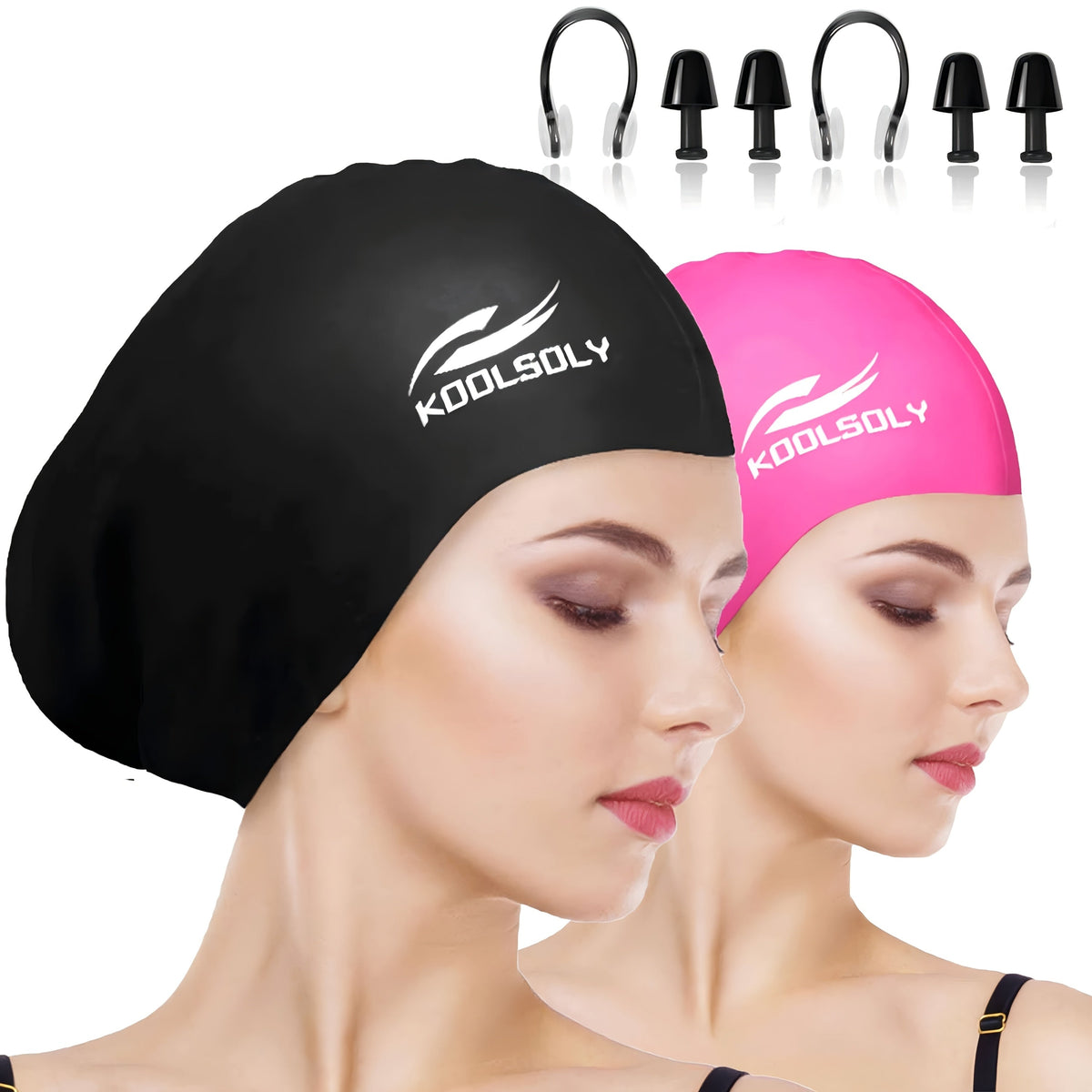 Silicone Swimming Cap 2-Pack with Ear Protection for Long Hair – Includes Earplugs & Nose Clip, Waterproof Swim Cap Set, 11 Color Options for Women, Men, and Adults