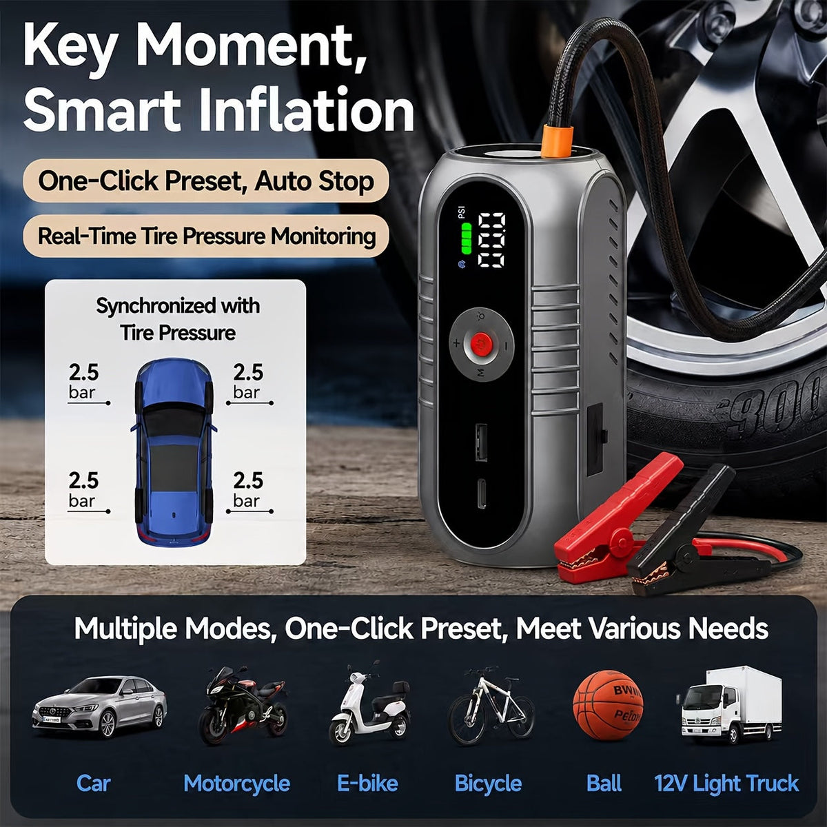 3000A 9-in-1 Car Jump Starter with Built-in Tire Inflator, USB Ports & LED Emergency Light – 12V Portable Wireless Battery Booster for Cars, Trucks & SUVs – Roadside Emergency Tool – Velora
