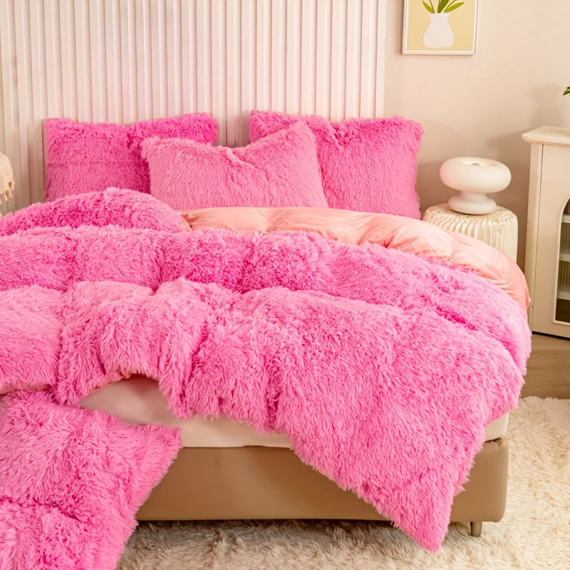 Plush Duvet Cover Set 3 Piece, Long Hair Knitted Polyester, Solid Color Fuzzy Comforter Cover with Zipper Closure, All-Season Soft Cozy Bedding Set for Bedroom, Multiple Colors Available