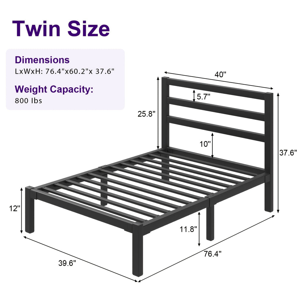 Metal Platform Bed Frame with Slatted Headboard – Under-Bed Storage Sturdy Metal Slats No Box Spring Needed in Black & White Twin Full Queen & King
