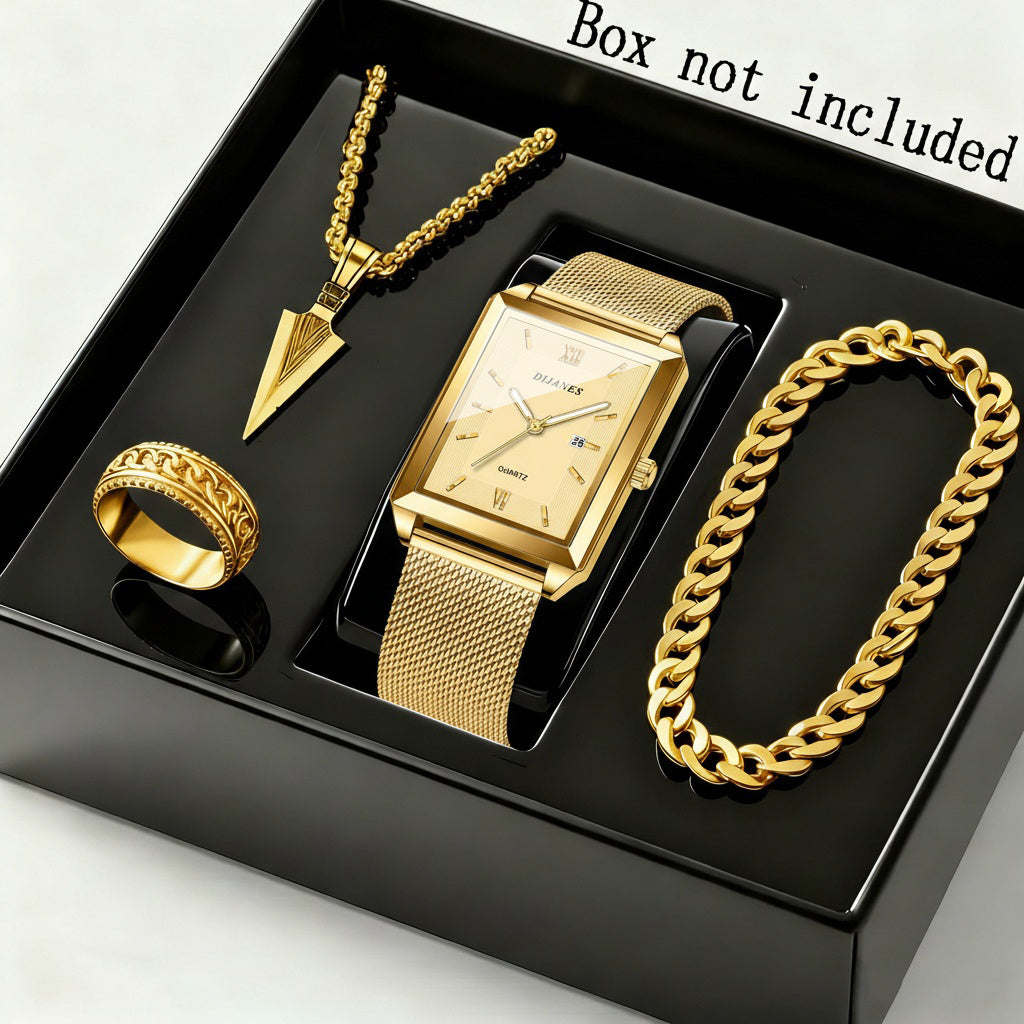4pcs Men's Fashion Quartz Watch & Jewelry Set – Stainless Steel Strap Date Display Watch with Necklace, Bracelet, and Ring, Business Casual Elegant Gift Set for Men in Gold, Silver, and Black