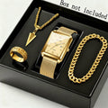 4pcs Men's Fashion Quartz Watch & Jewelry Set – Stainless Steel Strap Date Display Watch with Necklace, Bracelet, and Ring, Business Casual Elegant Gift Set for Men in Gold, Silver, and Black