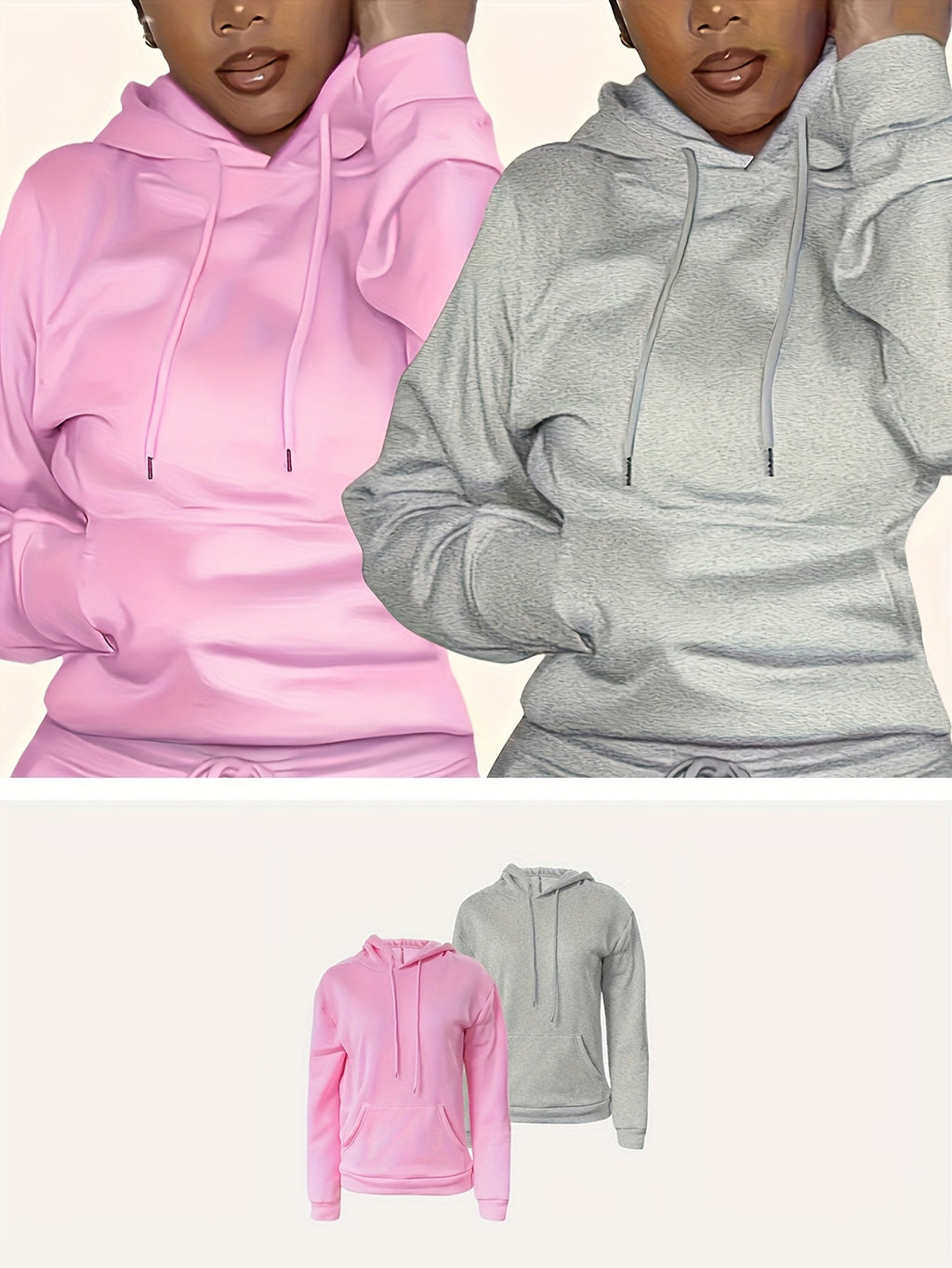 Women's 2-Piece Hoodie Set, Long Sleeve Pullover Sweatshirt with Pockets, Solid Color Cozy Fall/Winter Tops, XS-XXL