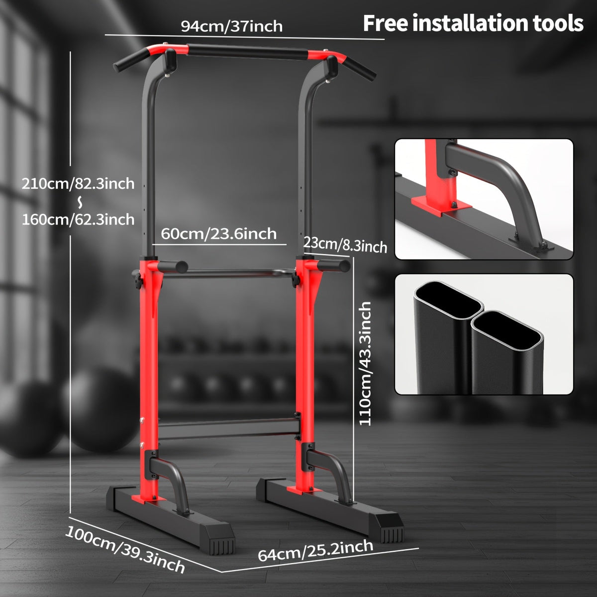 Adjustable Height Power Tower Dip Station – Multi-Function Pull Up Bar, Strength Training Workout Station for Home Gym – Black T055KX (No Backrest) & Red T055CDU Models