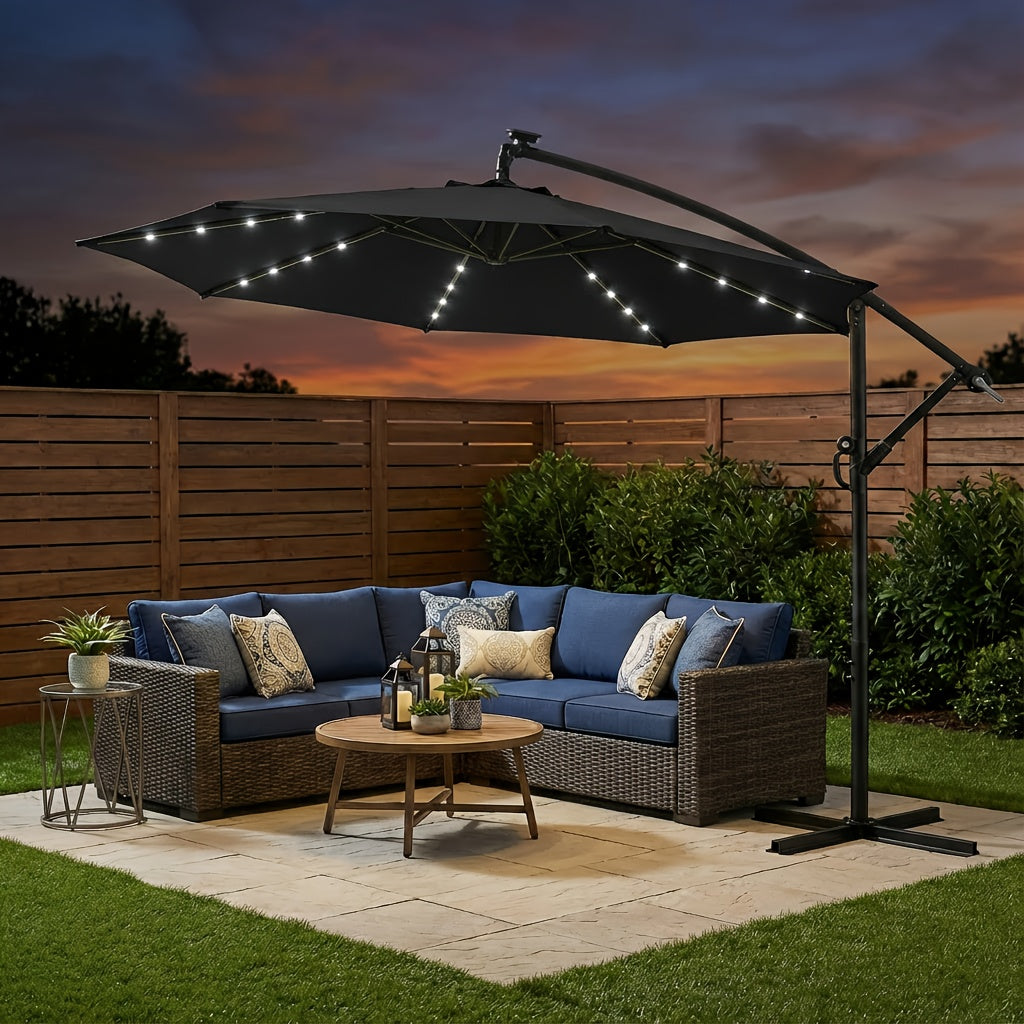 10ft Solar LED Offset Cantilever Patio Umbrella, UPF50+ UV Protection, Easy Tilt & Crank, Heavy-Duty Outdoor Market Umbrella, Sun Shade for Garden Deck Backyard Pool (Base Not Included)