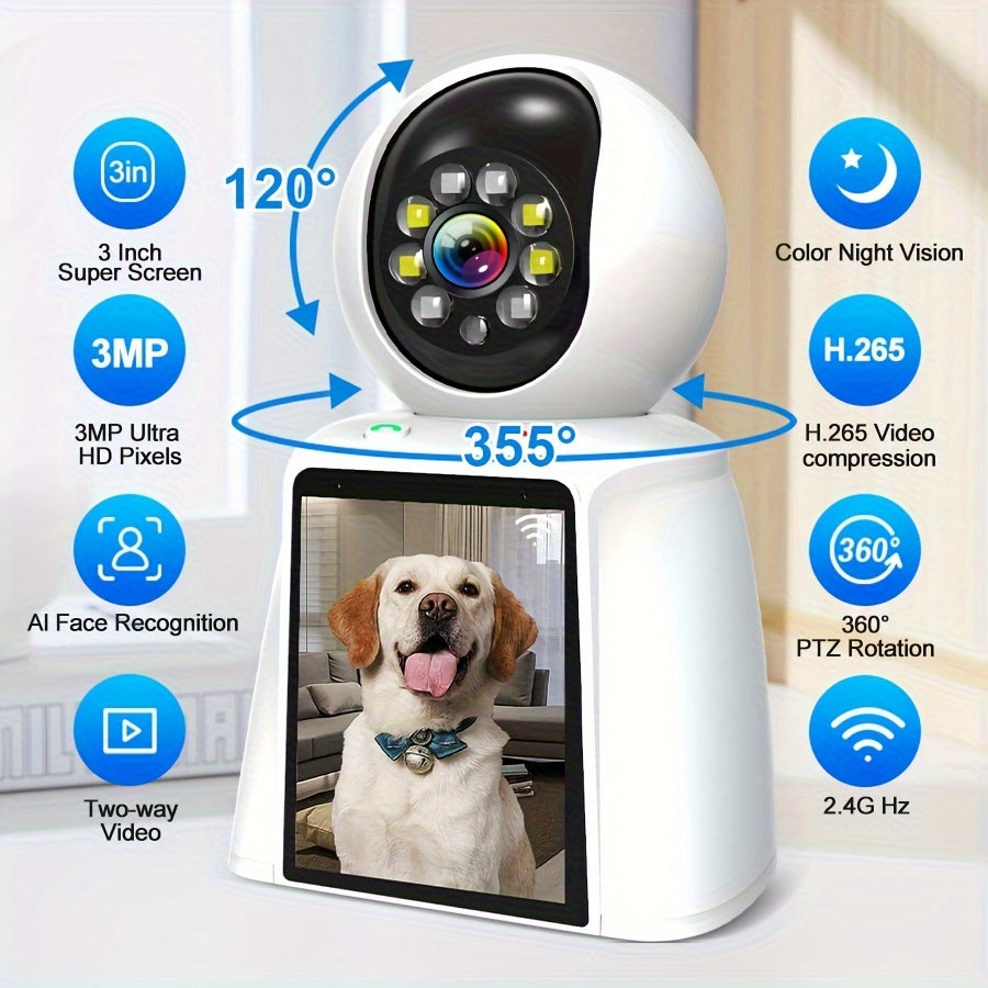 WiFi PTZ Indoor Camera with 3-Inch Built-In Screen, 3MP HD Video Calling, Two-Way Audio, Color Night Vision, AI Detection, Pet/Baby/Elderly Monitor, Home Security Camera, App Control