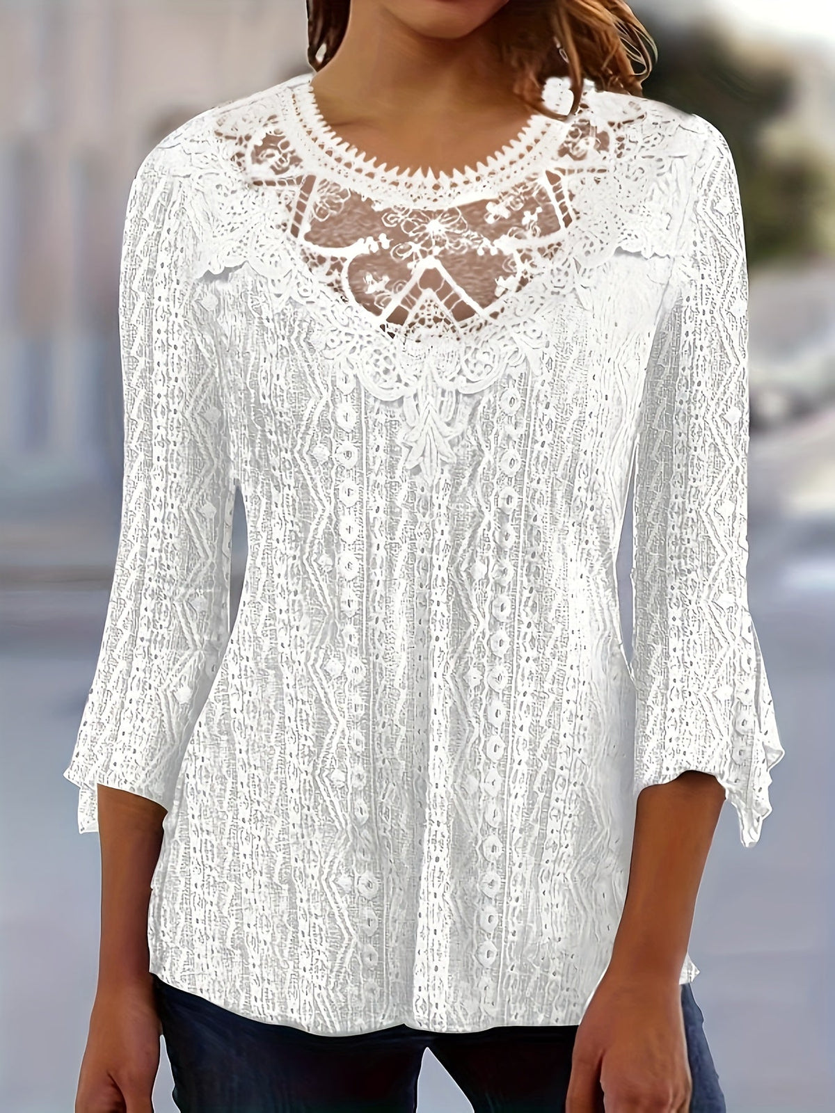 Women's Contrast Lace Trim Long Sleeve Blouse – Sexy Semi-Sheer Round Neck Elegant Pullover Top for Spring, Summer, and Fall in Black, White & Orange-Red