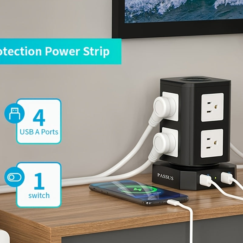 Tower Surge Protector Power Strip, 12 AC Outlets, 5 USB Ports with 18W PD USB-C Fast Charging, 10FT Extension Cord, 1800J Surge Protection, 4 Switches, for Home, Office, Desk, and Dorm Room – Space-Saving Vertical Design