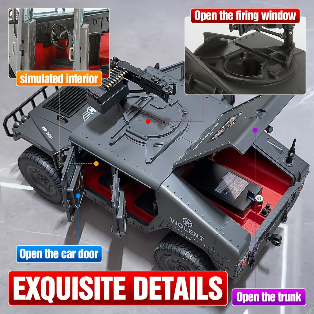C8835 Full-Scale RC Military Off-Road Vehicle for Adults - Proportional Transmission, Variable Speed, Climbing, Multi-Mode LED Lighting, 5 Openable Doors, Optional Machine Gun & Winch Accessories