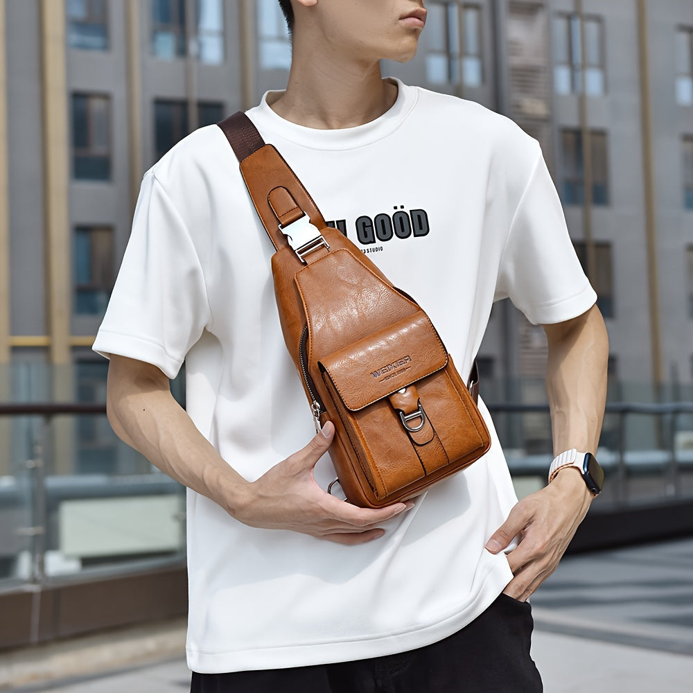 Retro Casual Men’s Chest Bag – Large Capacity Multi-Layer Crossbody Sling Bag in Light Brown Dark Brown Black White Grey & Blue