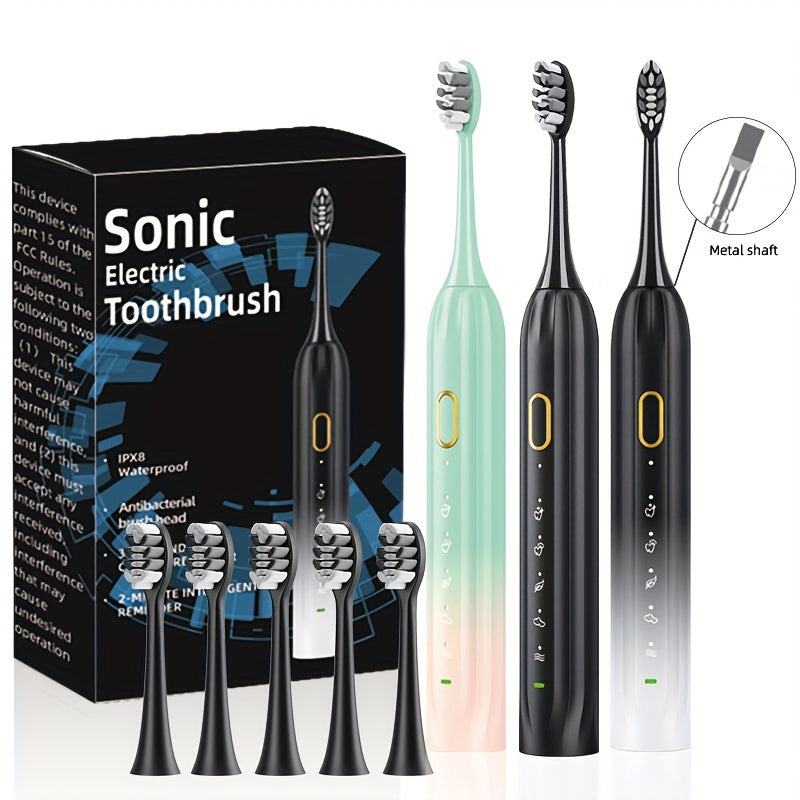 Sonic Electric Toothbrush IPX8 Waterproof USB Rechargeable with 5 Replacement Brush Heads, Smart Timer, Metal Shaft, for Adults, Men, Women, Couple Style, Rechargeable Oral Care
