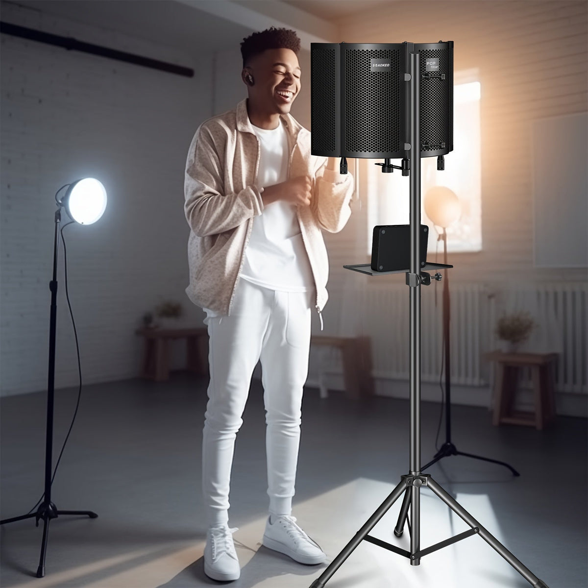 Studio Recording Microphone Isolation Shield with Pop Filter AO-504 + 109PRO Condenser Mic High-Density Acoustic Foam for Vocal Recording Home Studio & Podcasting