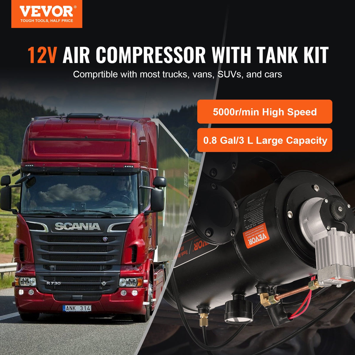 12V Onboard Air Compressor with Tank 90-120 PSI Auto Inflate Stop, 1.6 Gal Steel Tank Kit for Train Air Horn, Tire Inflation & Air Mattress – Universal Truck SUV Fit, Anti-Rust, Shock Absorbing